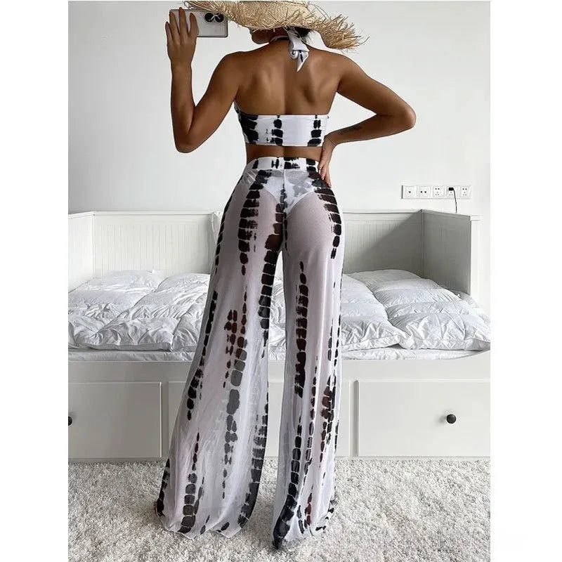 Women's three-piece swimsuit set with mesh trousers in quick-drying polyester fabric