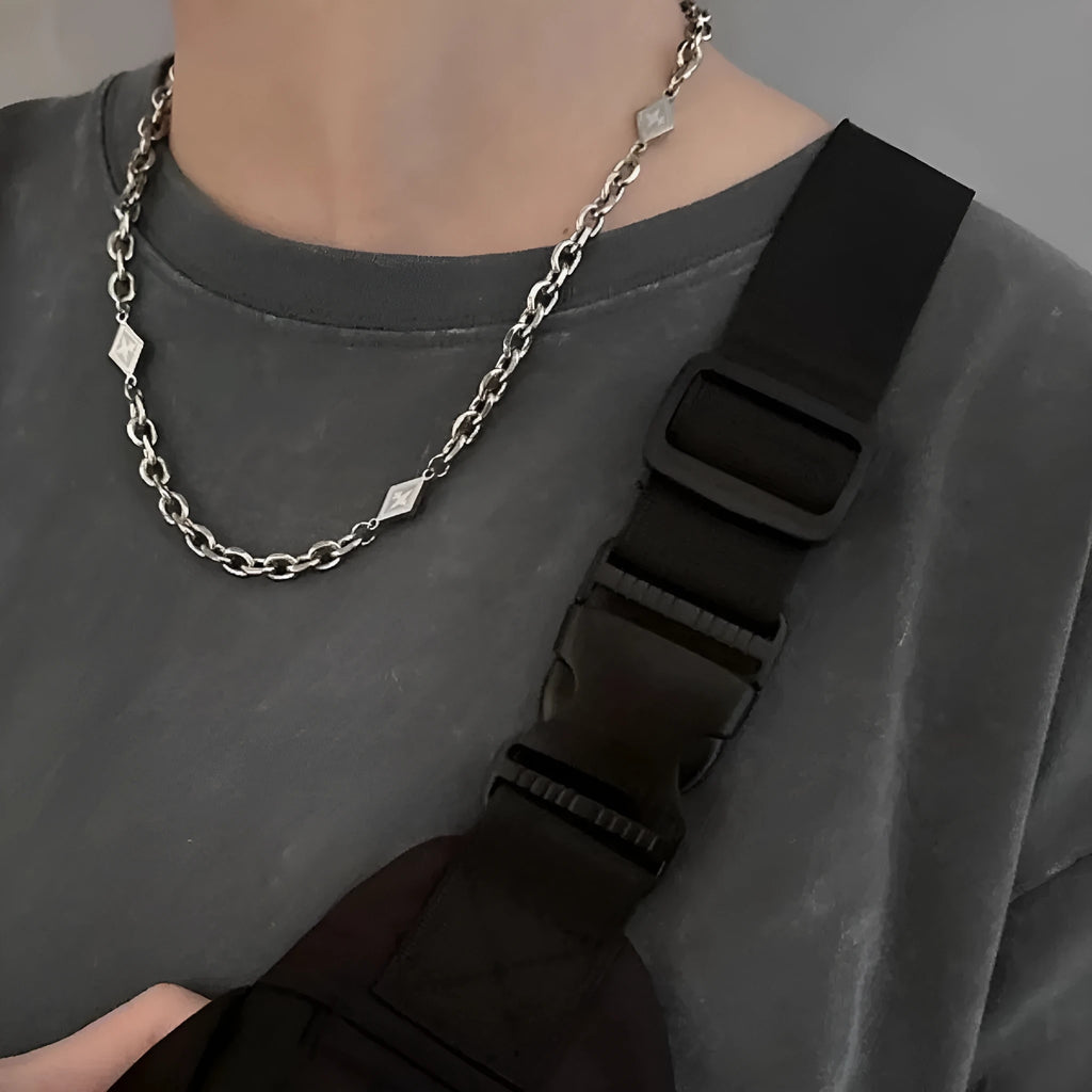 Men's hip hop diamond sweater chain in titanium steel with electroplated finish and Cuban link chain