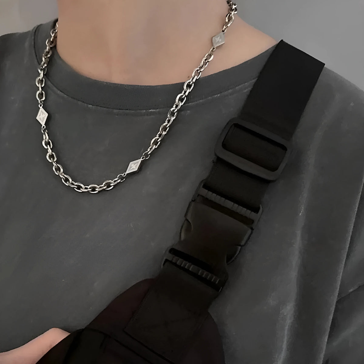 Men's hip hop diamond sweater chain in titanium steel with electroplated finish and Cuban link chain