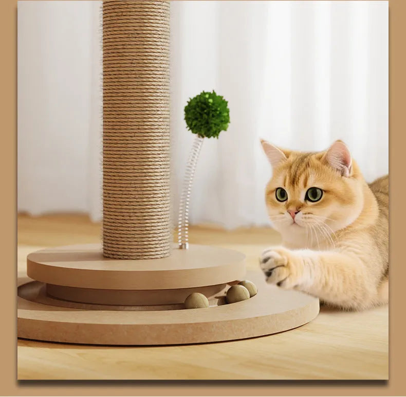 Vertical cat climbing frame with hemp rope scratching posts in natural beige canna colour