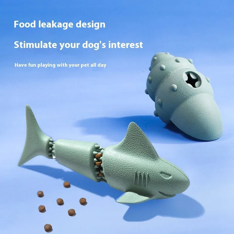 Deep Sea Shark shaped rubber dog chew toy in blue and green colour options.