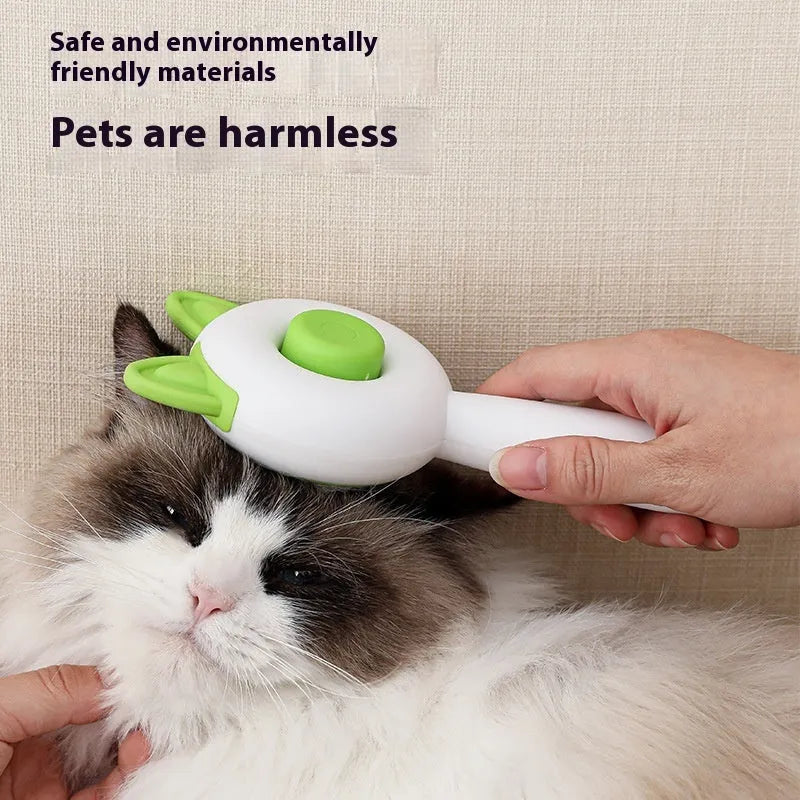 Self-cleaning cat grooming brush with stainless steel teeth and TPR massage nodes in two-tone colours