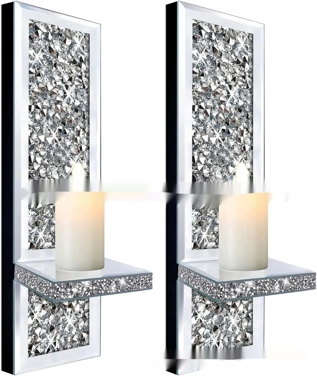 Silver mirror crystal candle holders for wall mounting in modern living room decor