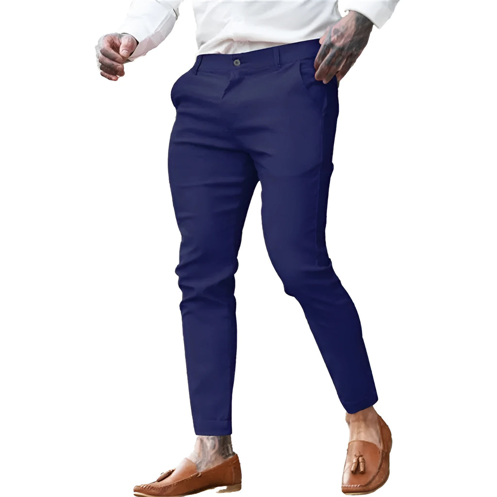 Men's slim fit cotton twill pencil trousers in various solid colours showing stretch fabric and zip fly detail