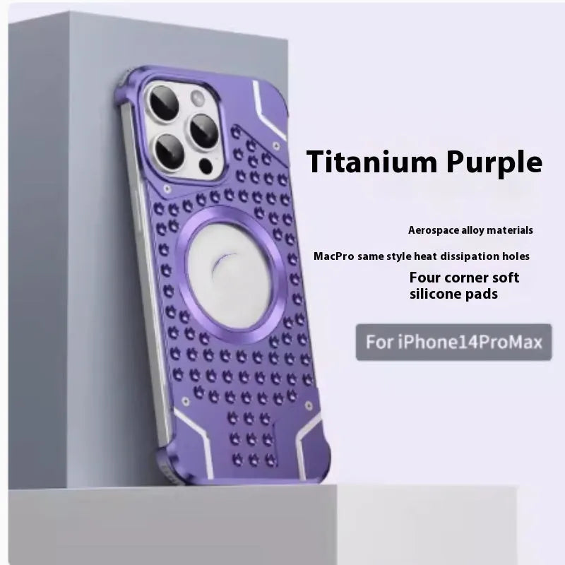 Borderless aluminium alloy phone case with hollow back and magnetic suction for iPhone 15 Pro Max, in grey colour