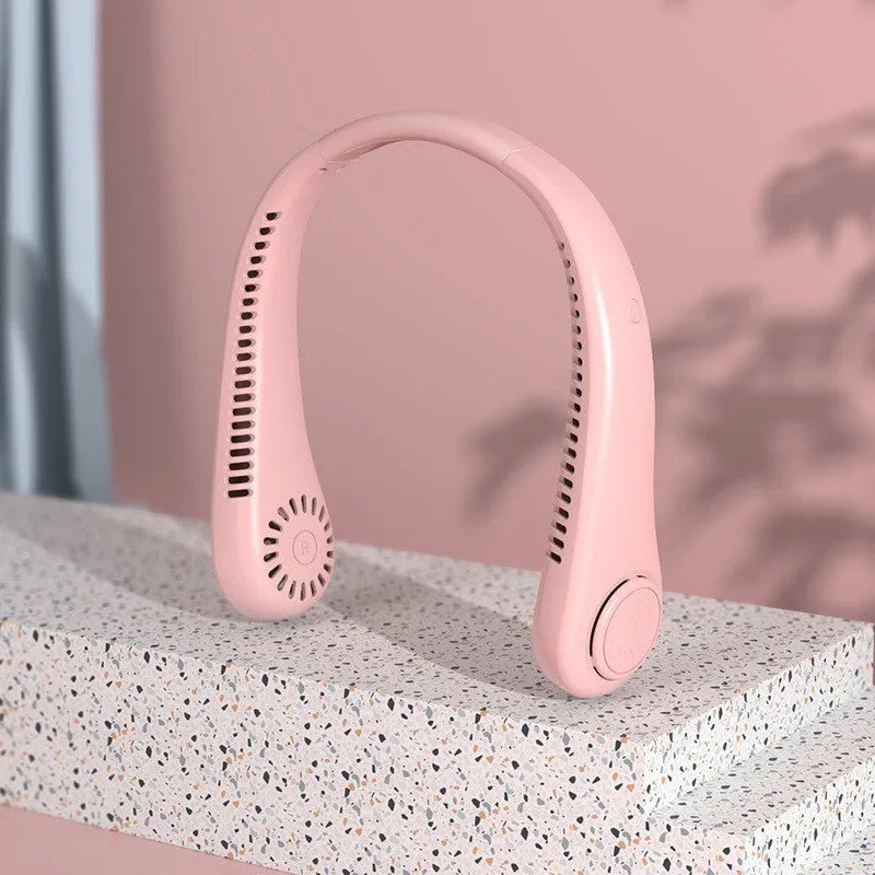 Blue USB rechargeable bladeless neck fan with a flexible neckband.