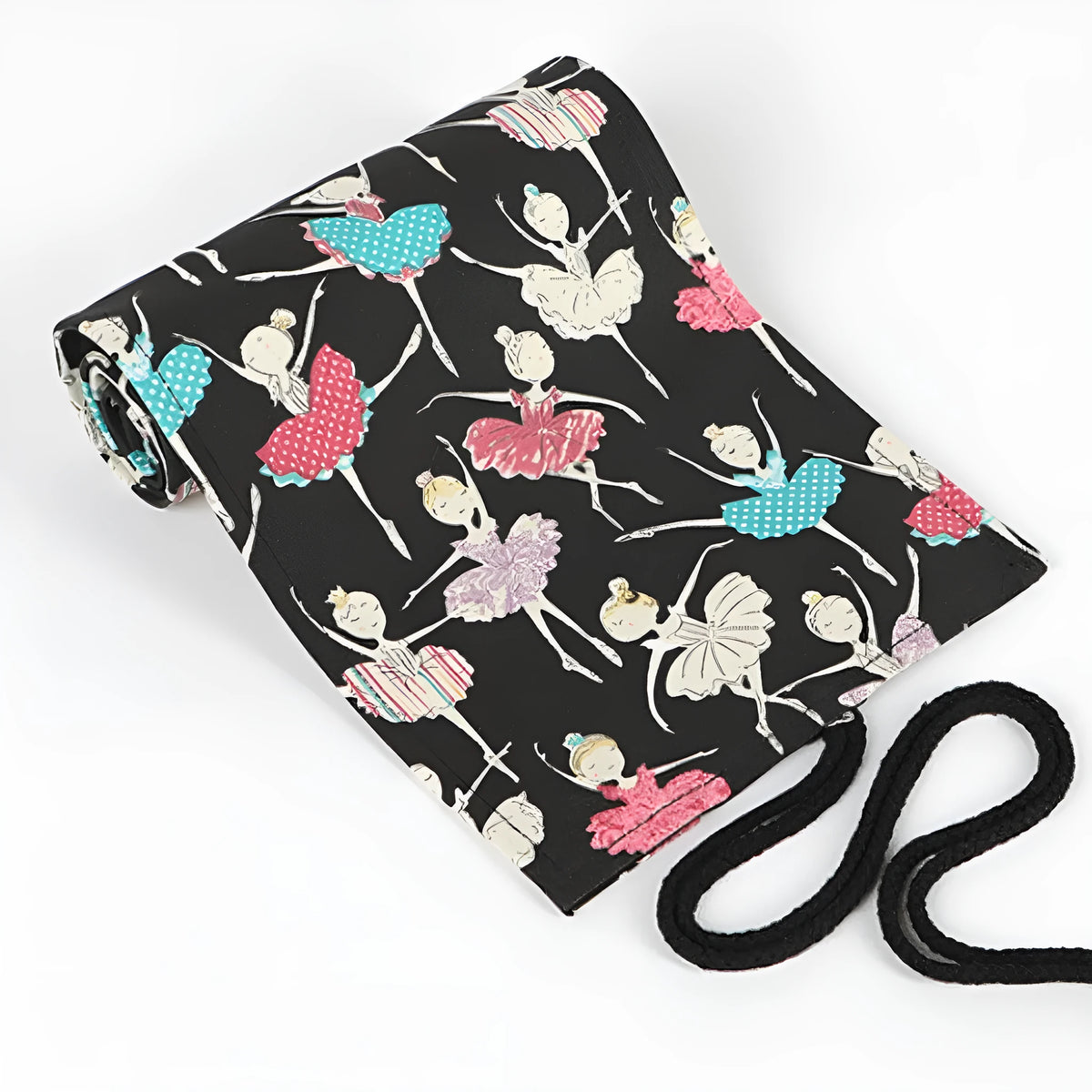 Canvas rolling pencil case with ballet girl print, multiple hole options for colour pencils