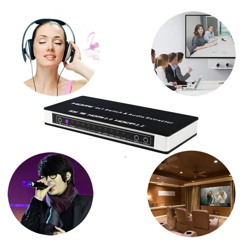Black 4-port HDMI input switch with remote control on a table