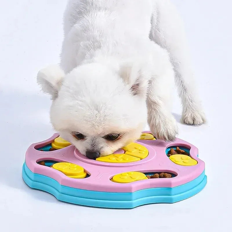Blue dog puzzle food bowl with sliding compartments for interactive feeding games