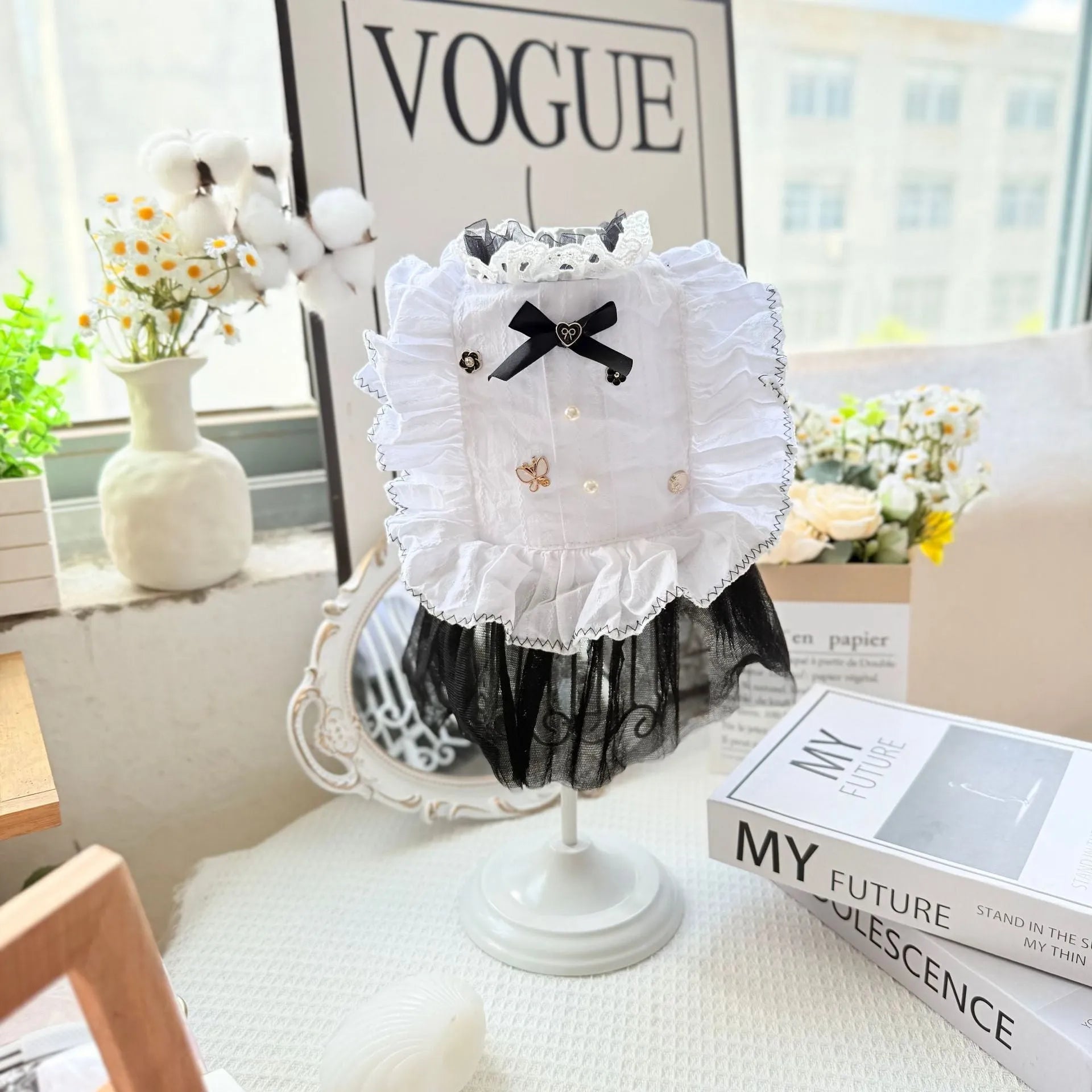 White yarn waltz gauze princess style dog skirt with polyester construction on small dog