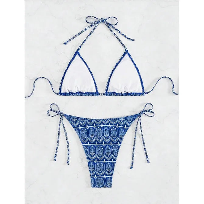 Women's polyester split bikini swimsuit with bandage-style stitching in multiple colour options