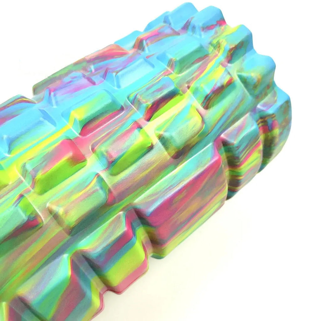 33cm camouflage pattern EVA foam roller in blue, green, and yellow colours.