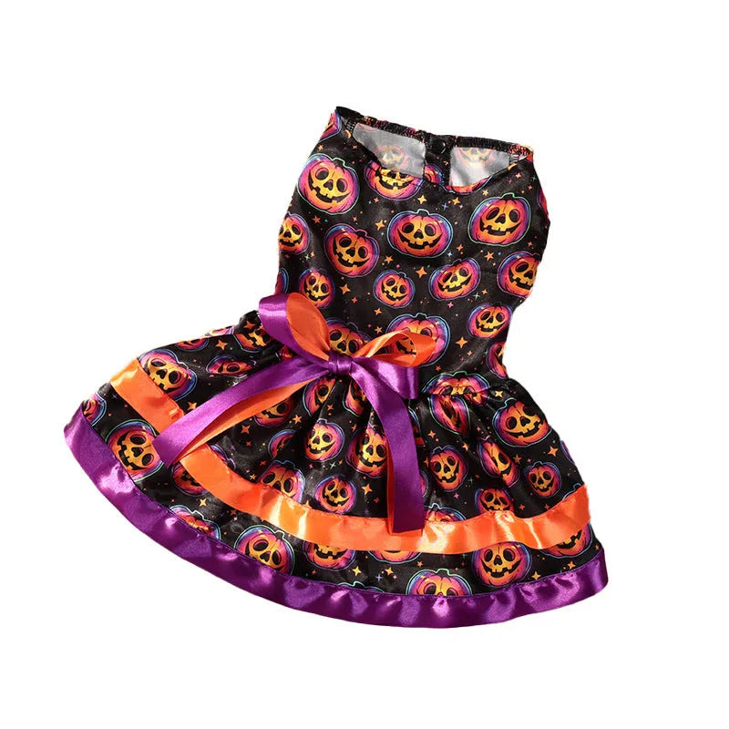 Halloween dog skirt with colourful pumpkin print, double-layer design, shown on a dog