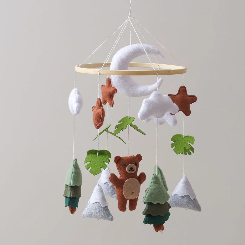 Handmade felt teddy bear bed bell for children, white colour, wood and felt construction, hanging with string
