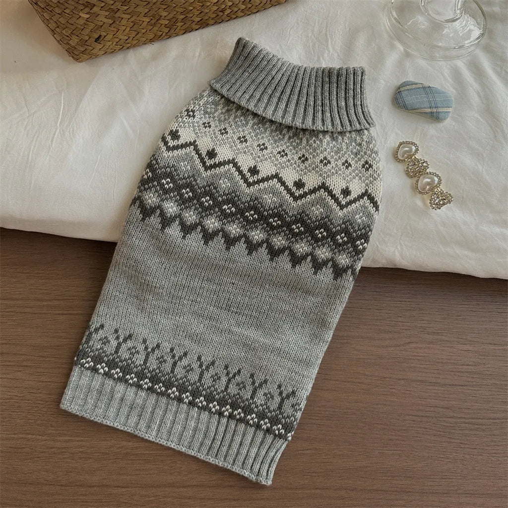 Grey Fair Isle polyester sweater for little dogs and teddy breeds, autumn winter pet clothing
