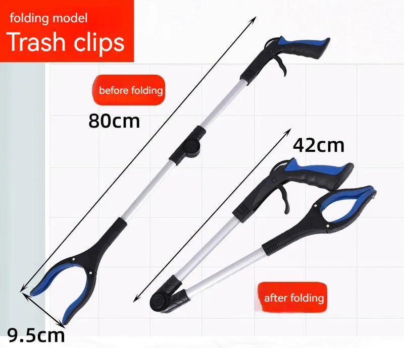 Foldable aluminium rubbish clamp with magnet sucker shown extended and collapsed
