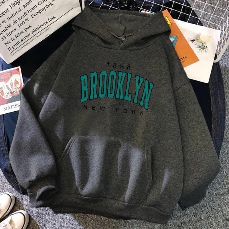 1898 Brooklyn New York printed polyester women hoodie in multiple colours including black, white, and red