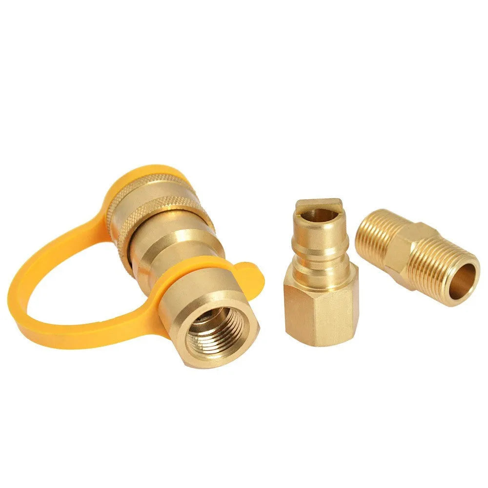 Gold brass gas propane tank charging connector with 3/8 inch American standard threads.
