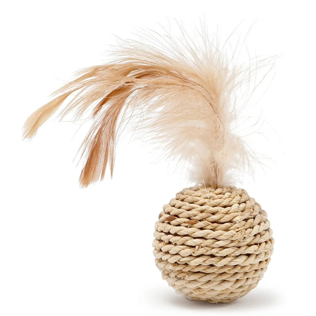 Two cat toys: hollow rattan ball and faux feather bell ball for interactive pet play.