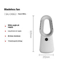 White bladeless tower fan with a remote control on a desk