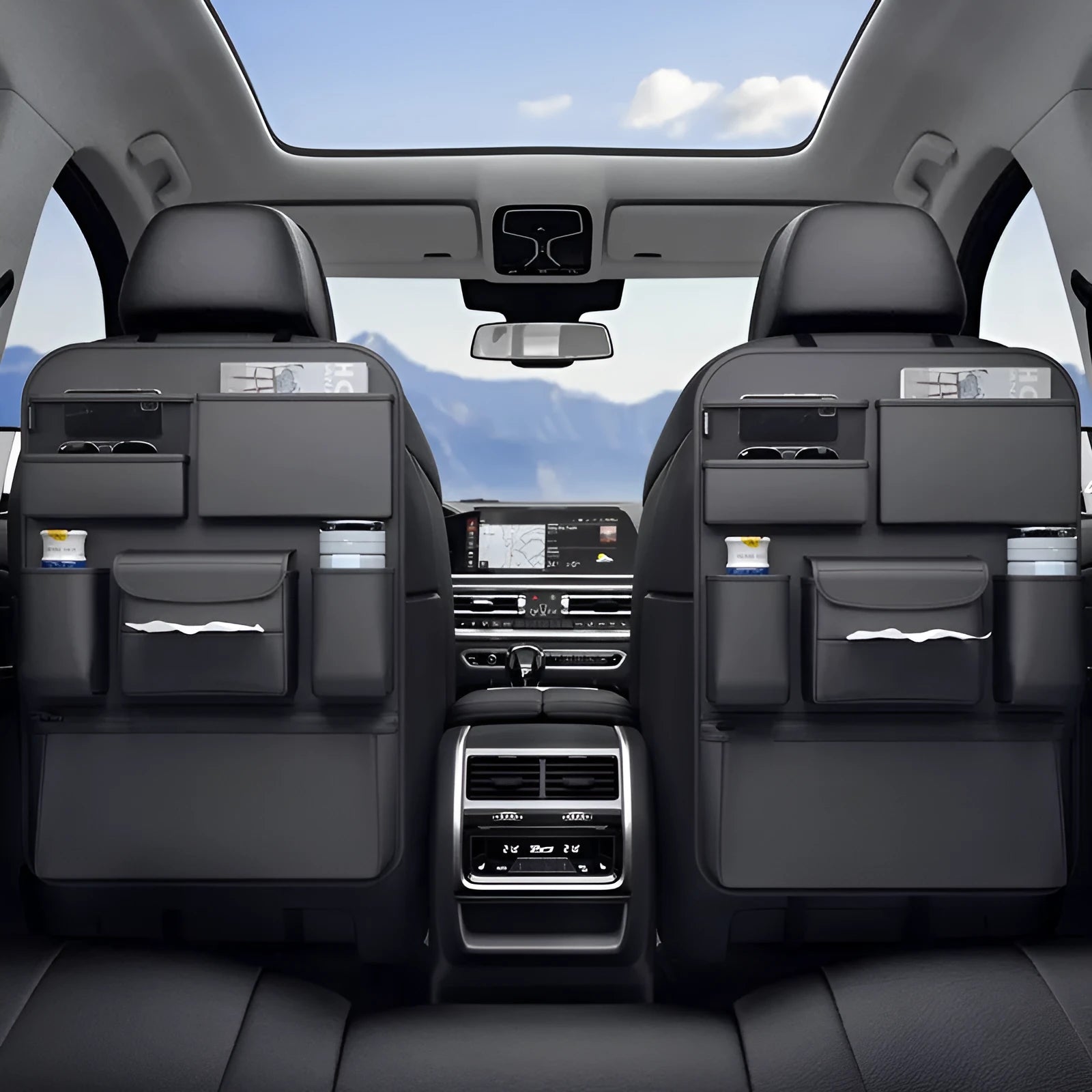 Black leather car seat back hanging storage bag with handle shown in large and small size options