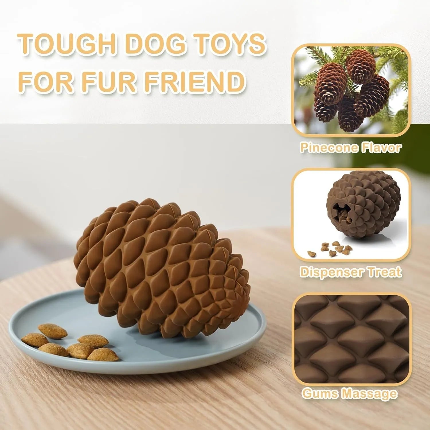 Yellow pine cone shaped dog chew toy with natural rubber construction and treat dispensing feature