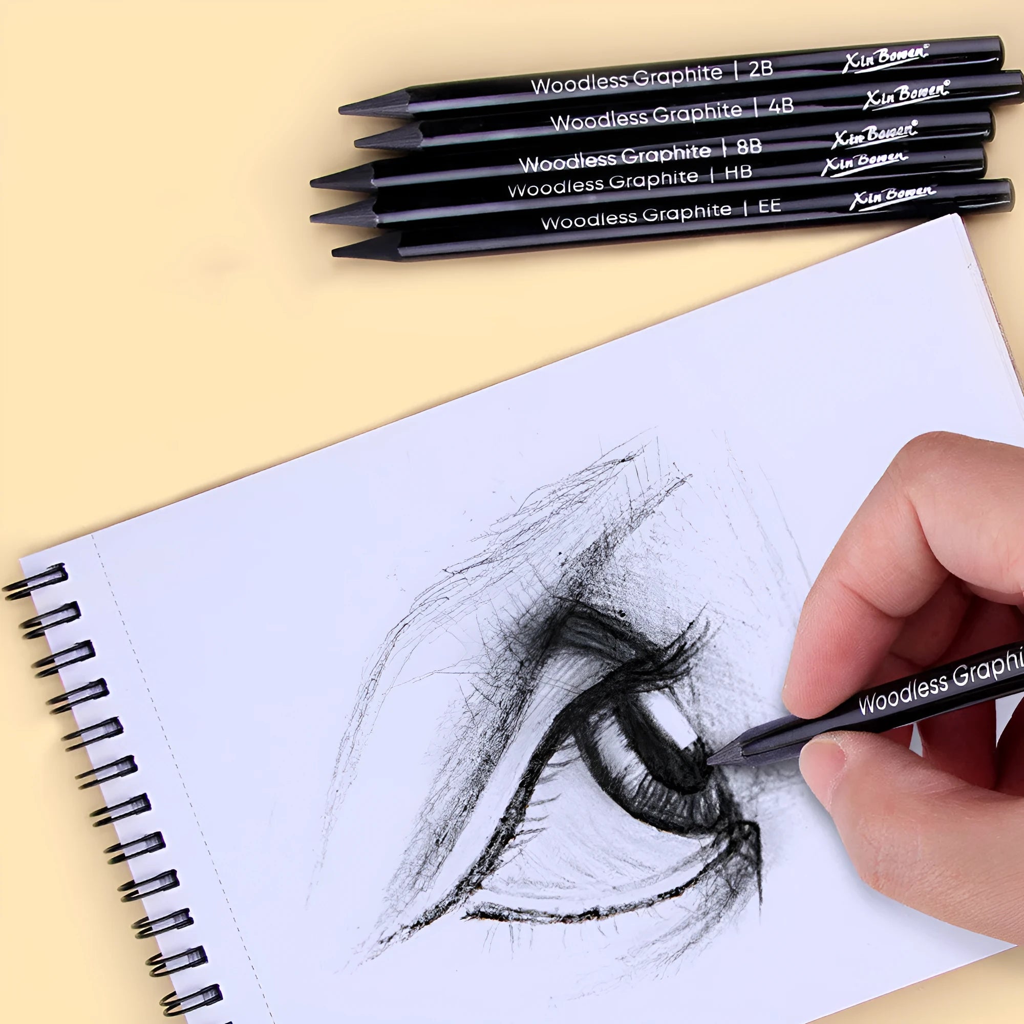 Wood-free graphite sketching pencil set showing six different grade pencils for art drawing