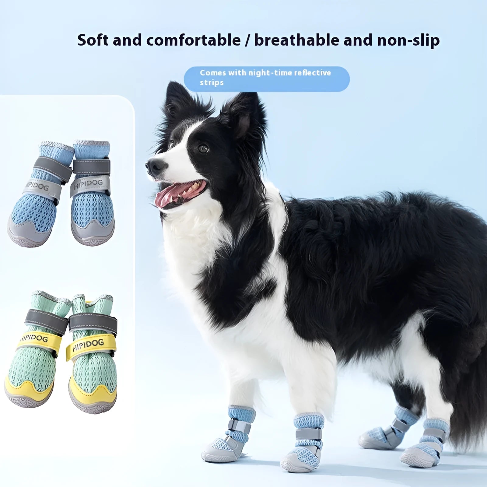 Pair of blue and green cartoon style dog shoes made from PU material on a white background.