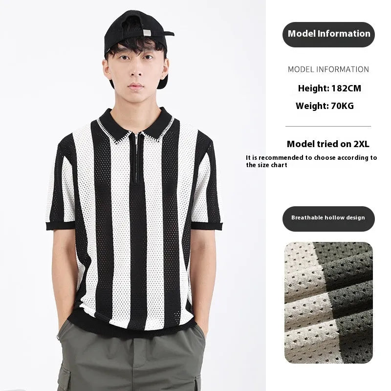 Men's striped short sleeve sweater in viscose ice silk with zipper decoration details