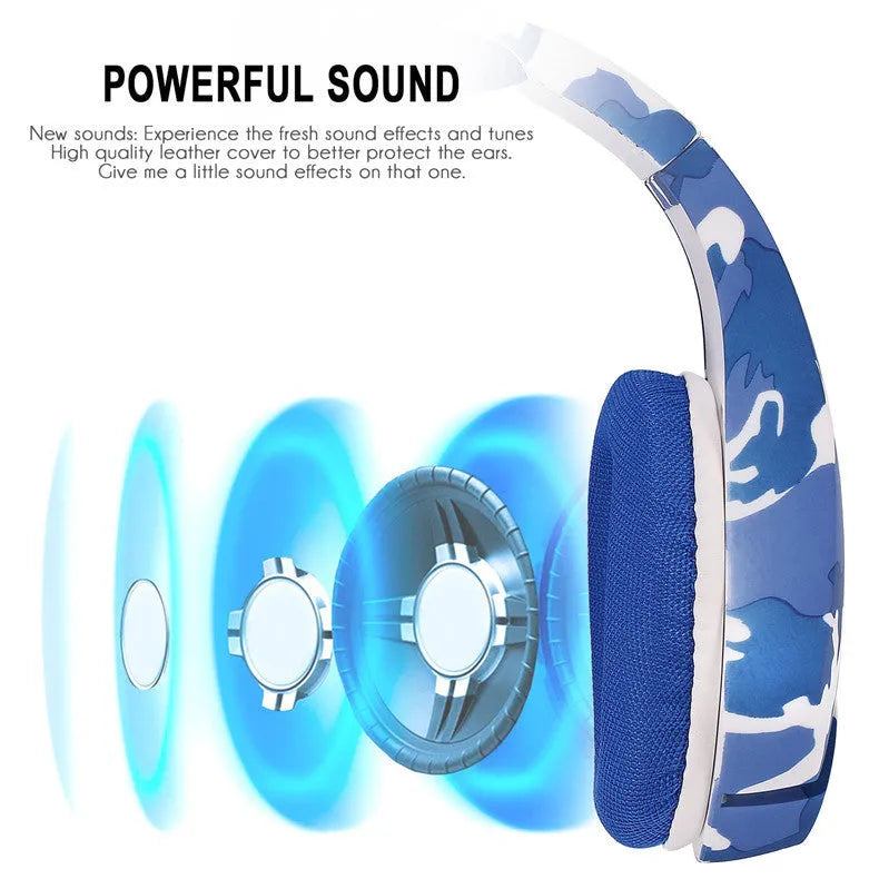 Wired gaming headset with cloth ear cushions and braided cable in camouflage blue colour with adapter.