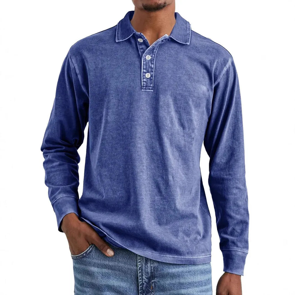 Retro washed distressed pure cotton lapel long sleeve polo shirt in Army Green.