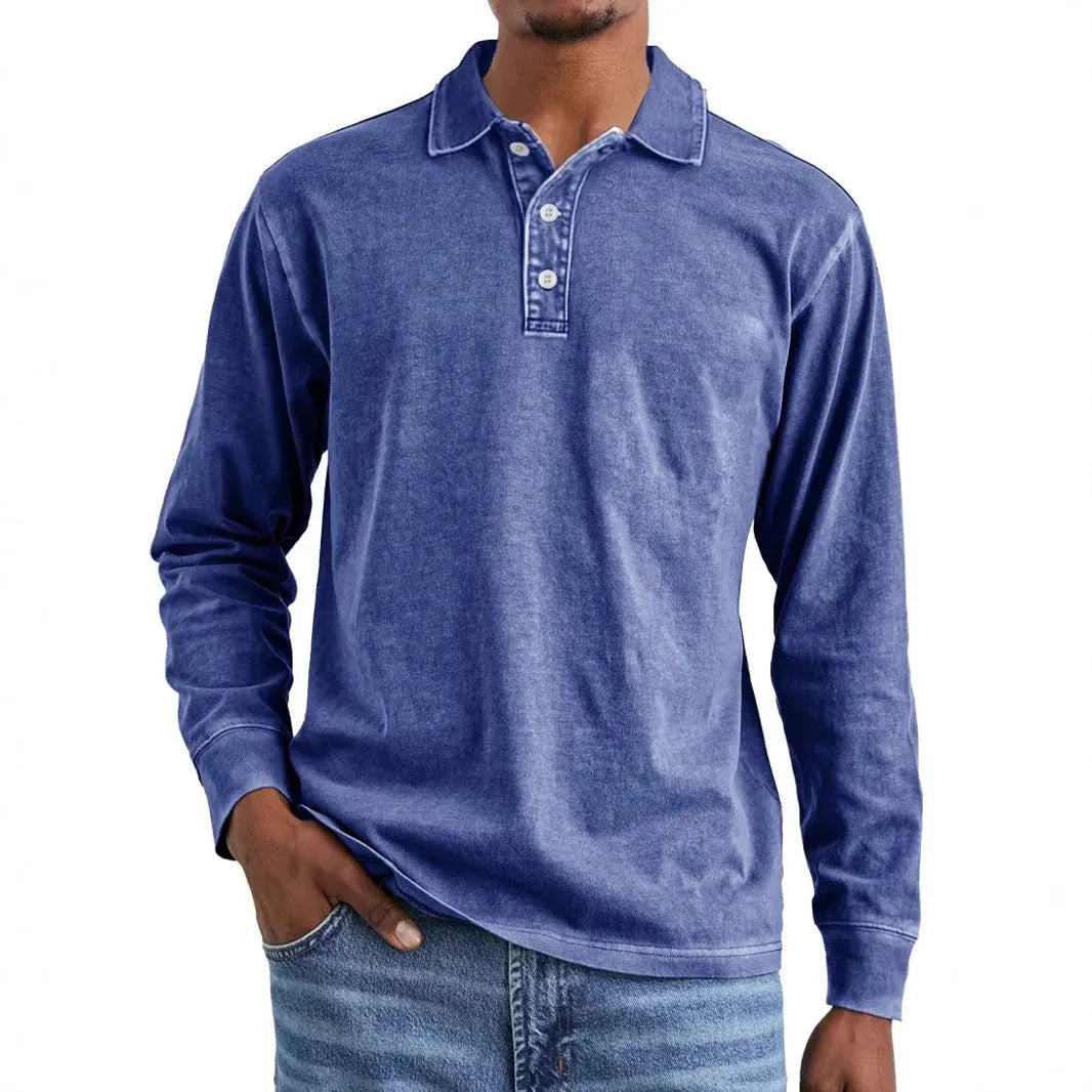 Retro washed distressed pure cotton lapel long sleeve polo shirt in Army Green.
