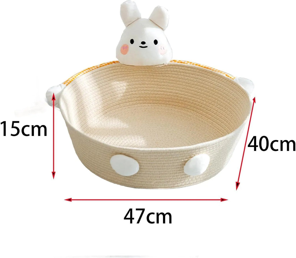 Cotton rope woven basket cat bed with integrated scratching surface, shown in bear design.