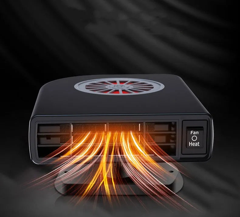 Black compact vehicle-mounted heater for car windscreen defrosting, shown with 12V plug.