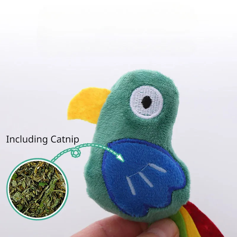 Plush cat toy shaped like a cow, crocodile, or parrot with catnip filling for interactive feline play