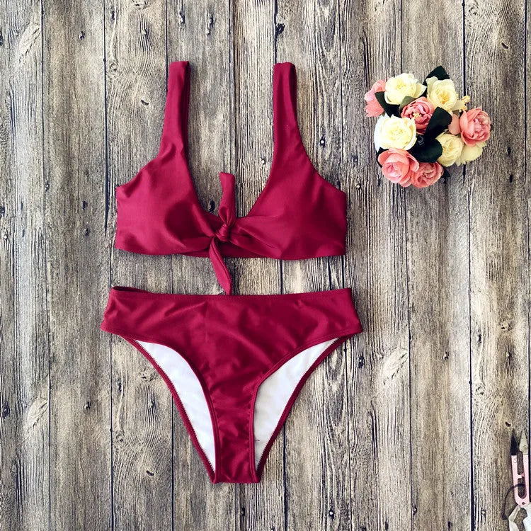 Pure colour bikini swimsuit set in black, pink, red, white, or wine red with traditional two-piece design