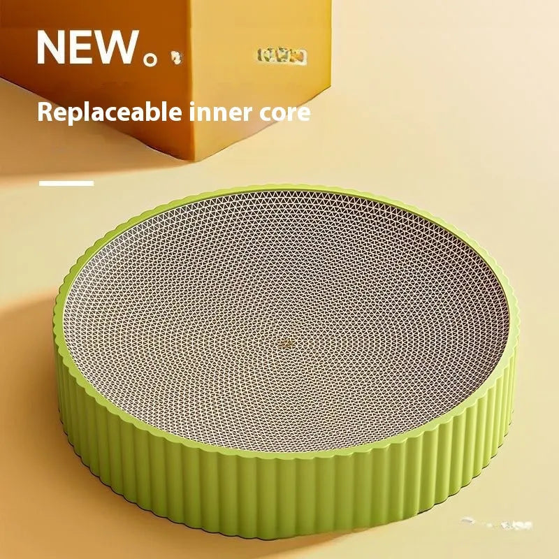 55cm round green cat scratching board with replaceable corrugated paper centre and cat nest design