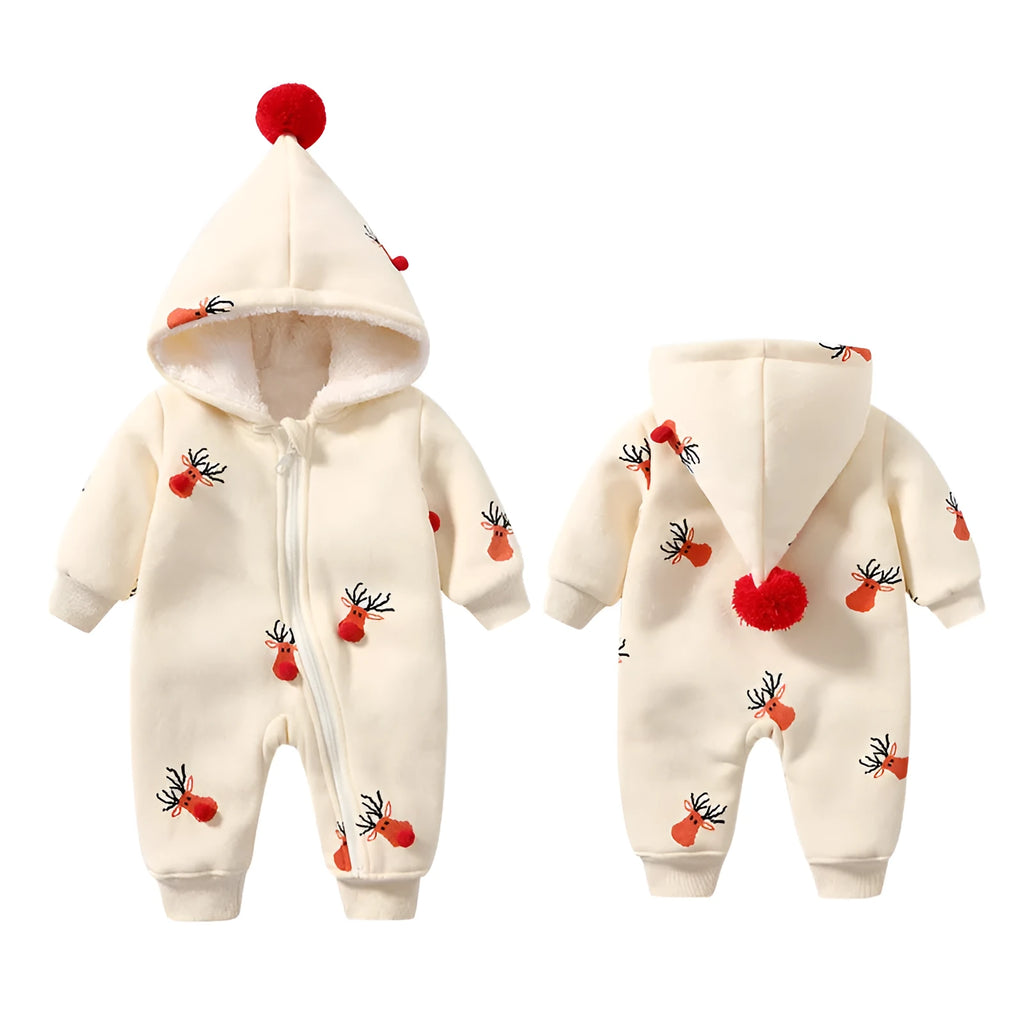 Khaki padded baby crawling clothes with Christmas moose print, cotton material, size 59 to 90 cm
