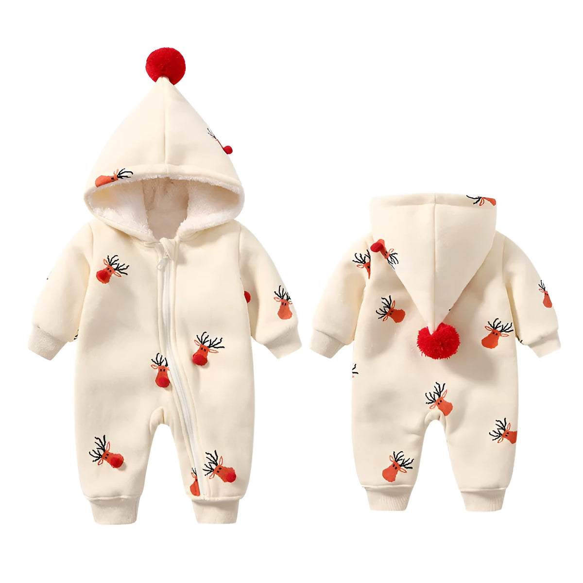 Khaki padded baby crawling clothes with Christmas moose print, cotton material, size 59 to 90 cm