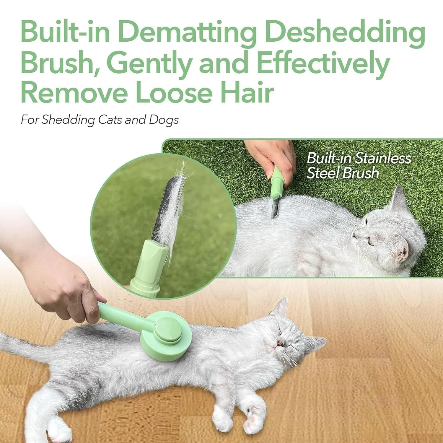 Green pet grooming brush with stainless steel bristles and hanging loop