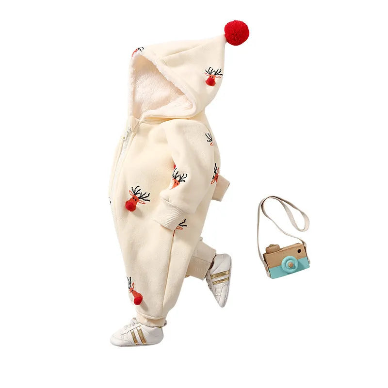 Khaki padded baby crawling clothes with Christmas moose print, cotton material, size 59 to 90 cm