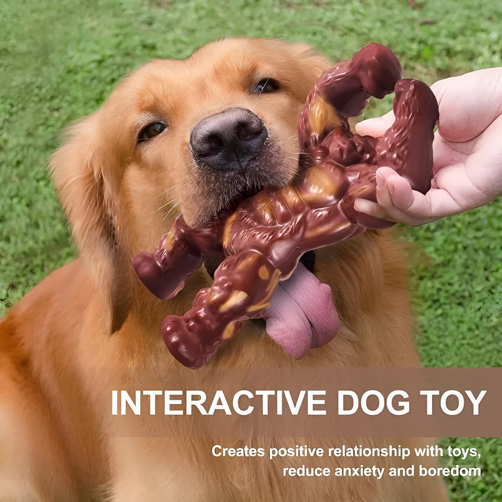 Scarlet red nylon dog chew toy with textured surface and beef flavour coating