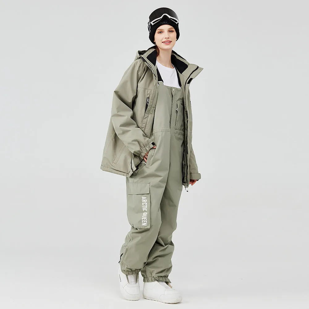 Unisex winter ski suit with veneer double board construction in blue, green, pink, or white colour combinations