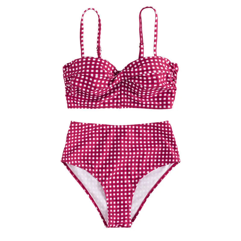 Women's plaid pattern bikini swimsuit set with high waist briefs on a neutral background.