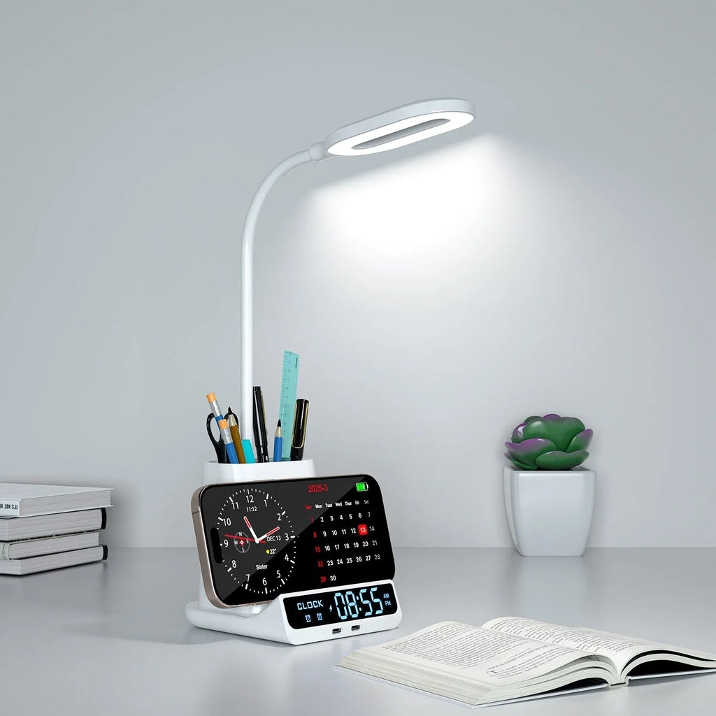 Modern wireless charging desk lamp with integrated pen holder storage compartments in black colour