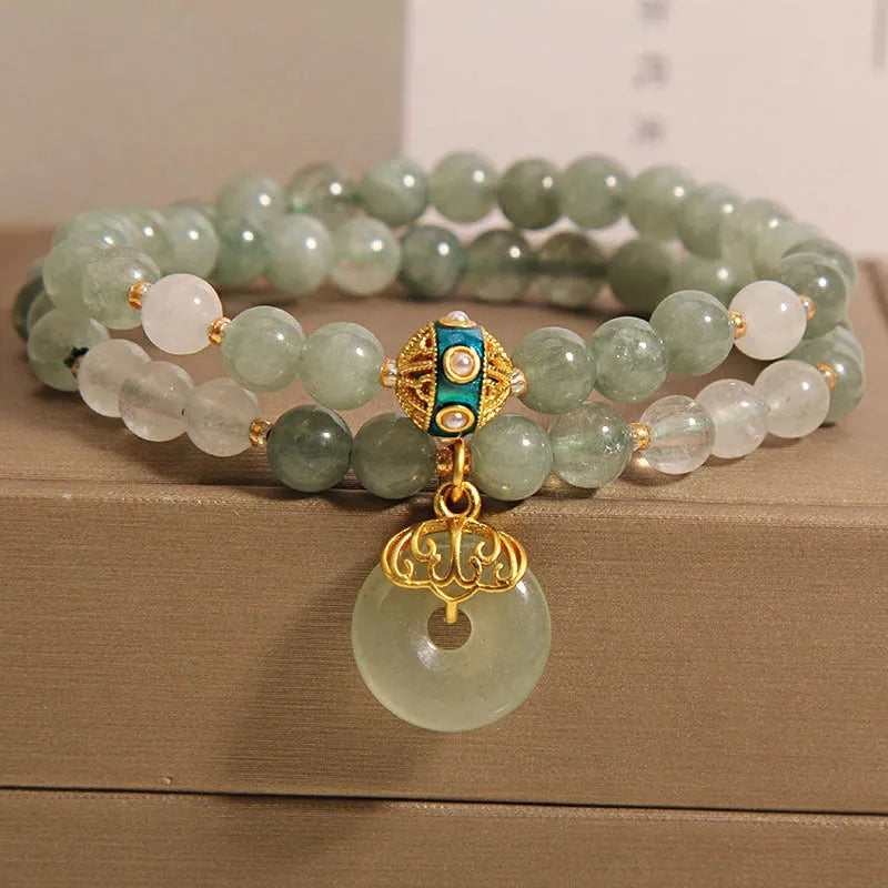 Double-layer aventurine jade bracelet with peace buckle clasp and crystal rhinestones