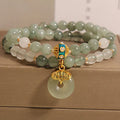 Double-layer aventurine jade bracelet with peace buckle clasp and crystal rhinestones