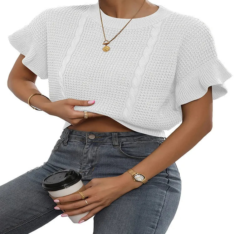 Knitted pullover sweater with twisted string ruffled short sleeves and round neck in loose casual style