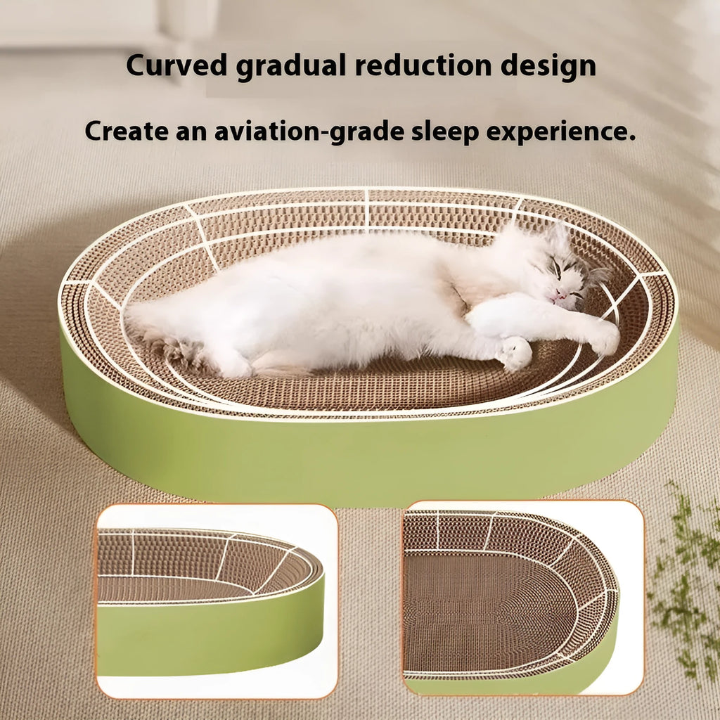 Green oval corrugated paper cat scratch board and nest measuring 55cm in diameter
