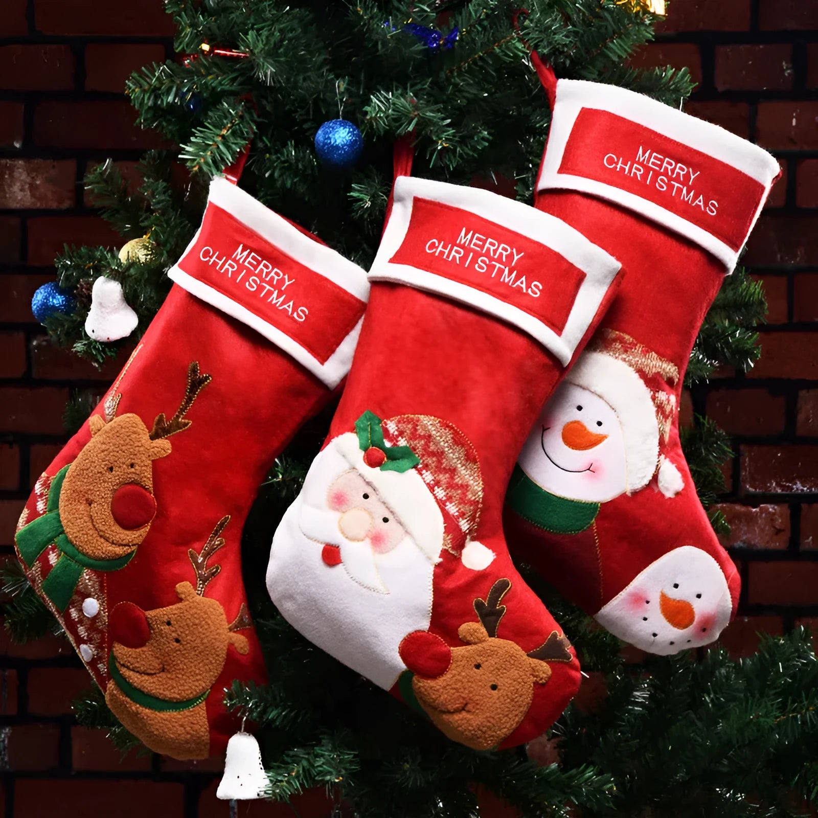 Christmas stocking with elderly snowman and elk decorative designs in non-woven fabric